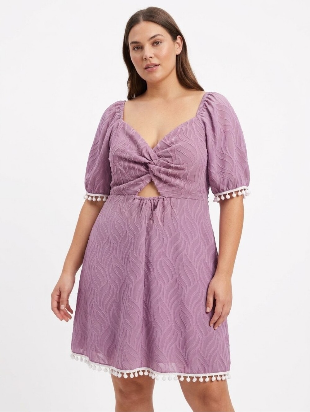 SHEIN Curve 0XL Mauve Boho Textured Dress White Pom-Pom Trim Puff Sleeve